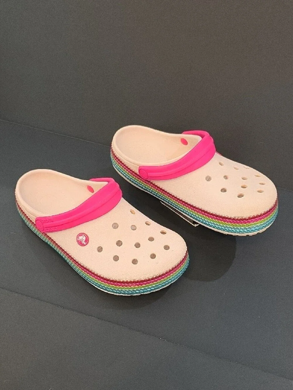 CROCS Women's Clogs in Light Pink with Hot Pink Strap and Rainbow Trim Size 8